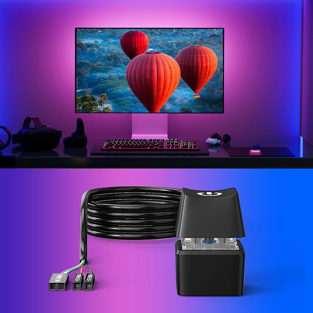 Moderne gamer-kompjûter-buro-opset mei RGB-ljochten op 'e eftergrûn, Moderne PC-kompjûter-wite skermmockup, gaming-toetseboerd, VR-bril en dingen op' e tafel.3d rendering, 3d yllustraasje
